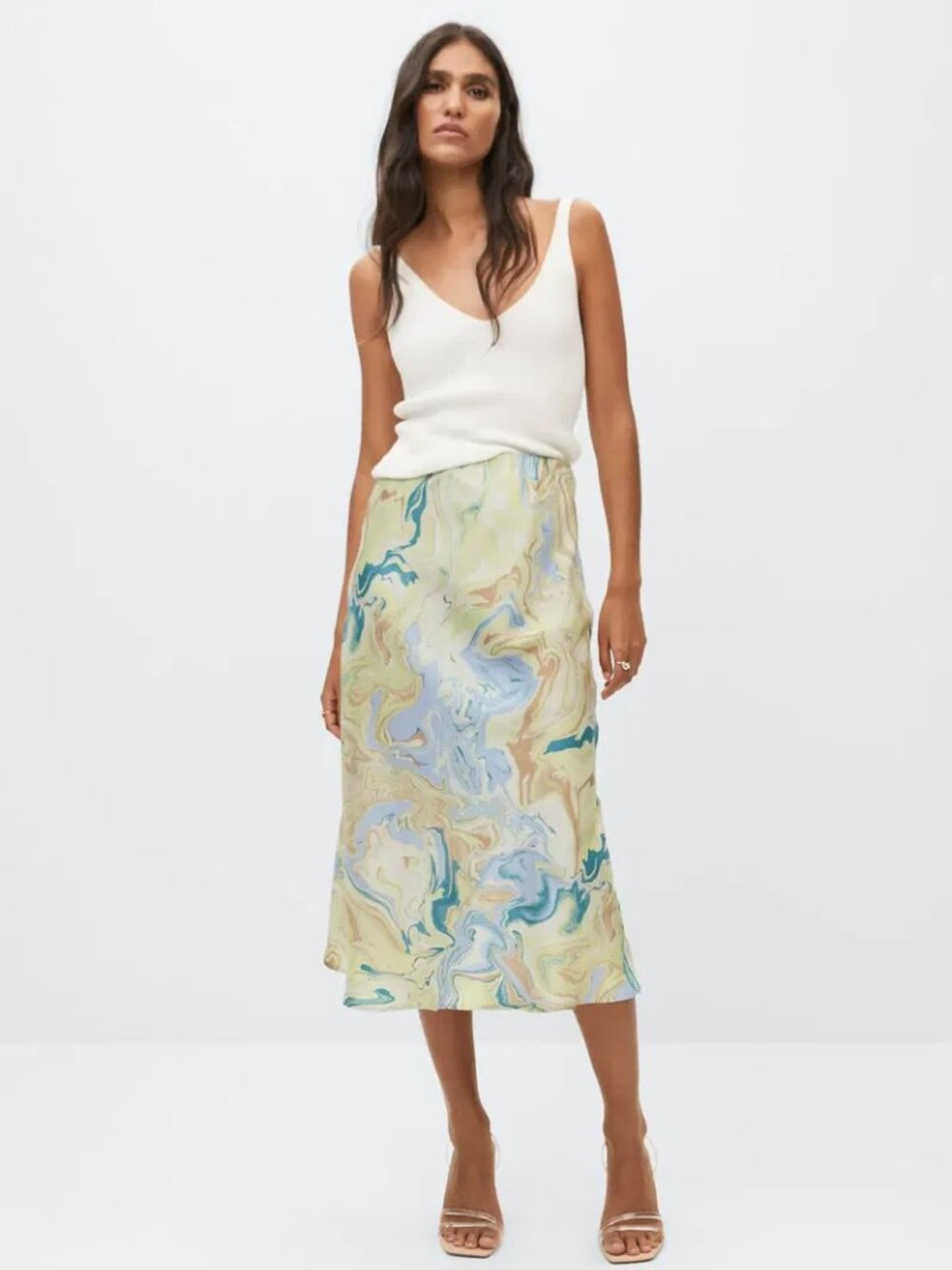 MNG Mango Marble-Print Satin Skirt Blue Green size small NWT